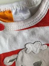 Load image into Gallery viewer, Pumpkin Patch baby size newborn red white stripe sheep thick one-piece, VGUC
