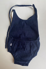 Load image into Gallery viewer, Lacey Lane baby girl size 12-18 months navy blue white lace collared romper VGUC
