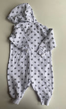 Load image into Gallery viewer, Lil Homme baby size 6-9 months white black hooded thick one-piece, EUC
