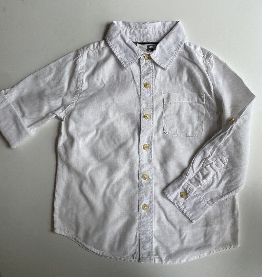 Cotton On Kids boys size 5 white linen blend button up collared shirt, VGUC