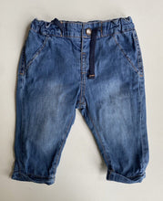 Load image into Gallery viewer, KIABI baby size 3-6 months dark blue denim drawstring pants, VGUC
