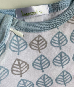 Beanstork baby size newborn white blue grey leaves one-piece zip, VGUC