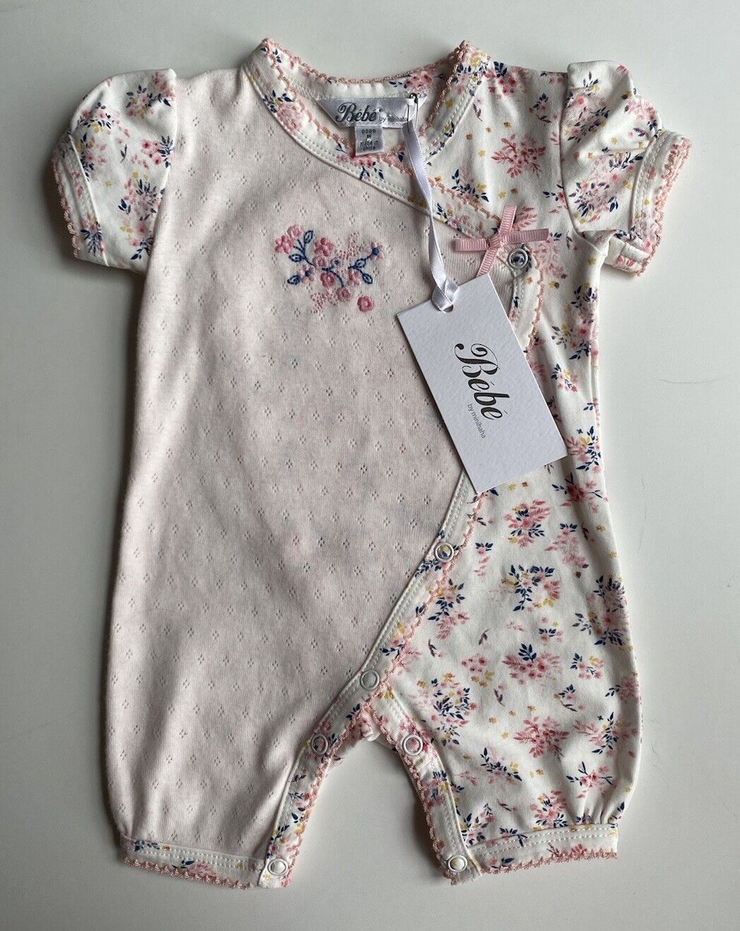 Bebe by Minihaha baby girl size newborn pink floral wrap romper one-piece, BNWT