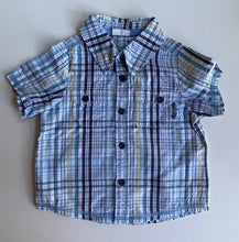 Load image into Gallery viewer, Jack &amp; Milly baby boy size 6-12 months blue check button up shirt cars, VGUC
