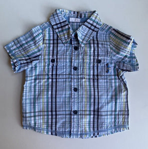 Jack & Milly baby boy size 6-12 months blue check button up shirt cars, VGUC