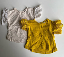 Load image into Gallery viewer, Baby Berry baby girl size 0-3 months x2 white yellow lace sleeve tops, VGUC
