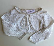 Load image into Gallery viewer, Origami baby girl size 12-18 months white gold spot knit bolero cardigan, VGUC
