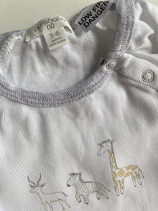 Purebaby baby size 3-6 months white one-piece growsuit animals, GUC