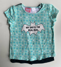 Load image into Gallery viewer, Batman baby girl size 12-18 months blue green floral t-shirt black cape, VGUC
