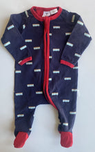 Load image into Gallery viewer, Korango baby size 0-3 months navy blue red one-piece trams zip, VGUC
