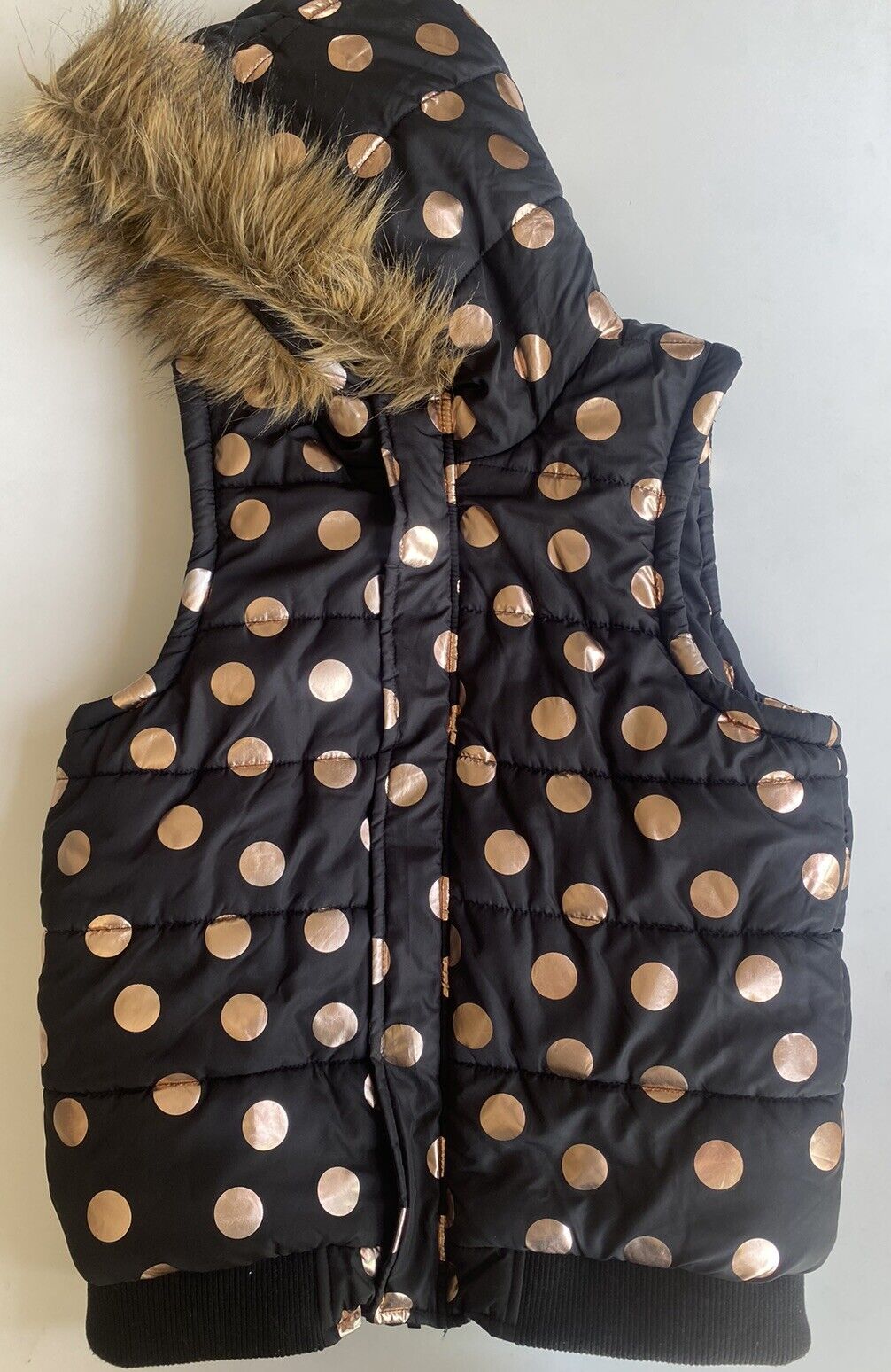 Seed Teen kids girls size 16 black gold spotted zip up puffer vest hood, VGUC