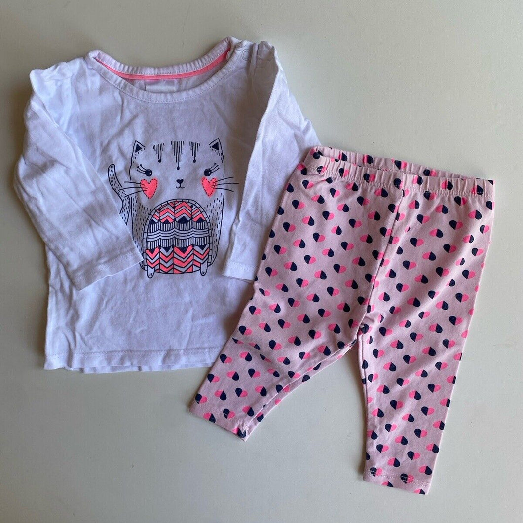 Target baby girl size 0-3 months white top pink leggings cat hearts, VGUC