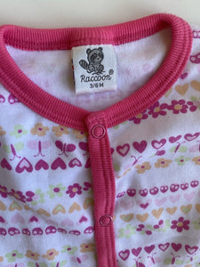 Raccoon baby girl size 3-6 months white pink romper one-piece hearts, VGUC