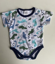 Load image into Gallery viewer, Ollie&#39;s Place baby boy size 0-3 months white blue green dinosaur bodysuit, VGUC
