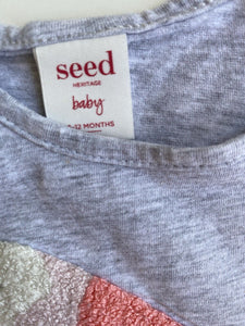 Seed baby girl size 6-12 months grey short sleeve t-shirt pink bird, GUC