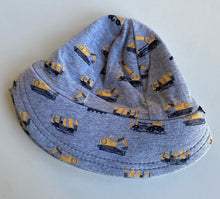 Load image into Gallery viewer, Bedhead baby size 3-6 months grey sun hat yellow diggers trucks, VGUC
