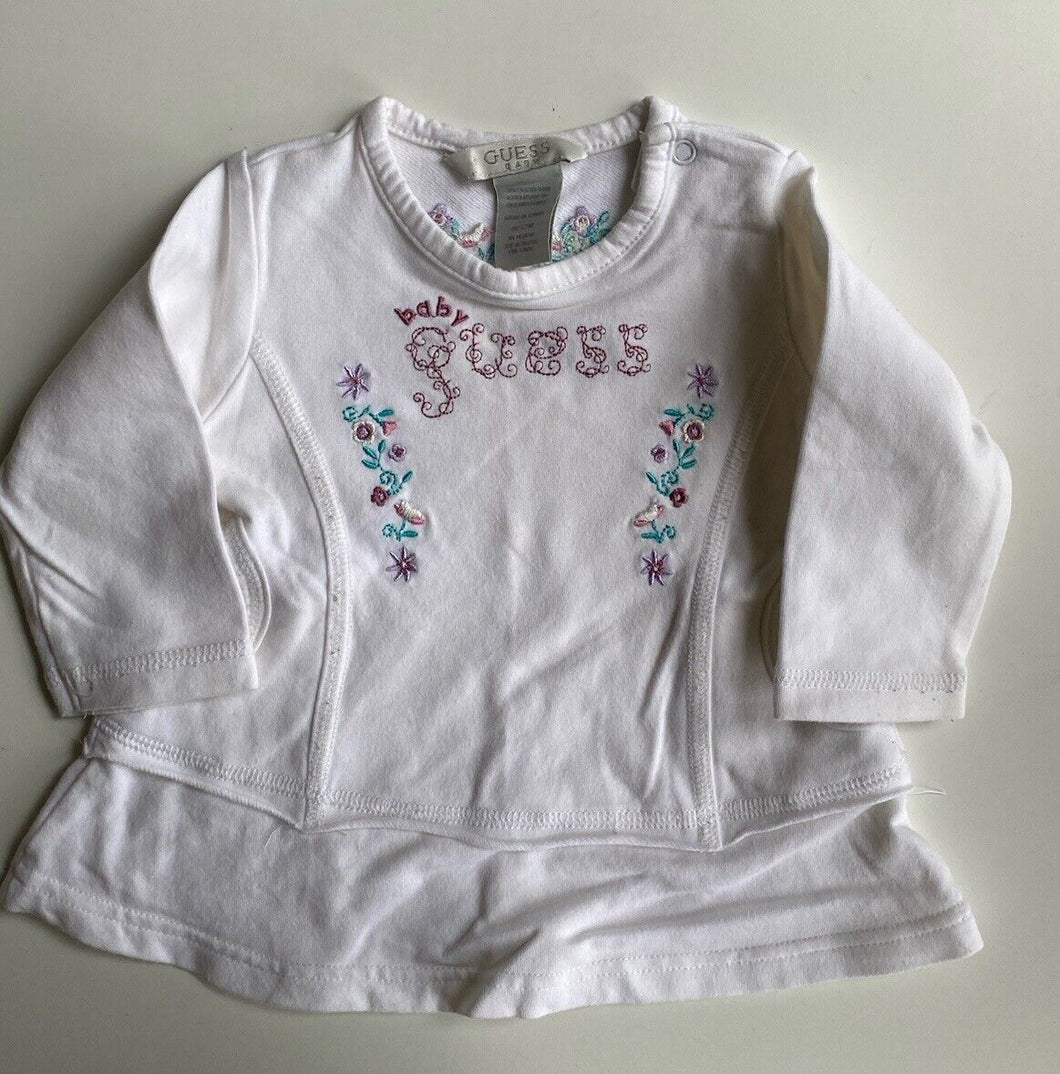 Guess baby girl size 9-12 months white long sleeve top floral pockets, VGUC