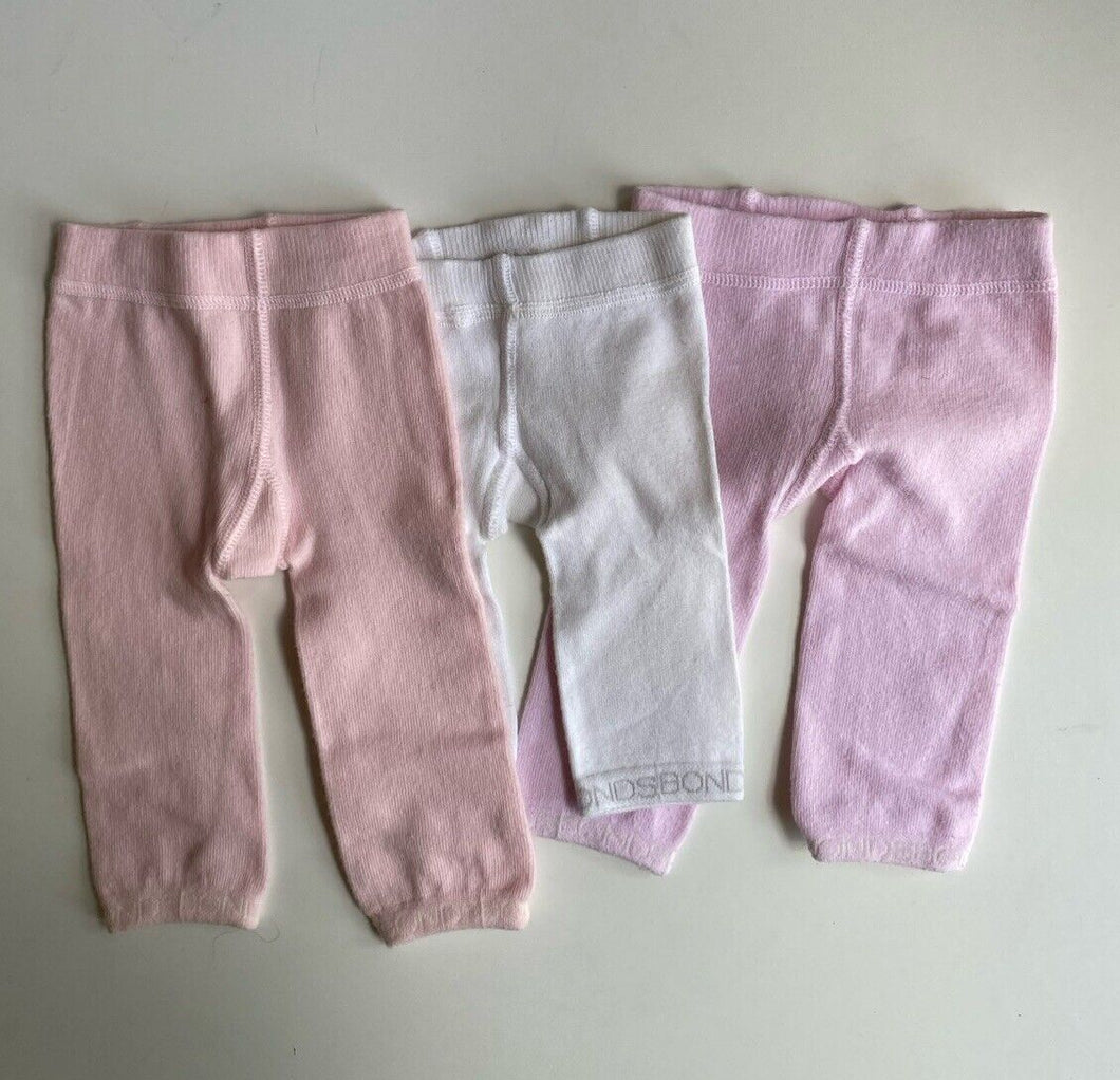 Bonds baby size 0-6 months pink white knit leggings x3, VGUC