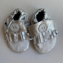 Load image into Gallery viewer, Cheeky Little Soles baby size approx. 18 white silver soft sole shoes, VGUC
