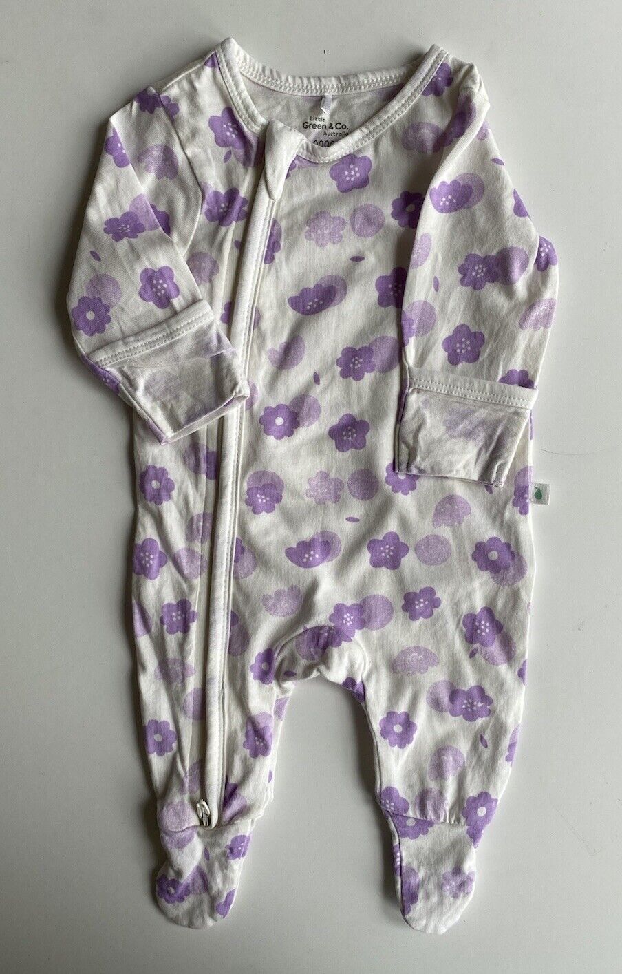 Little Green & Co. baby girl size newborn white purple floral one-piece, VGUC