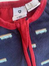 Load image into Gallery viewer, Korango baby size 0-3 months navy blue red one-piece trams zip, VGUC
