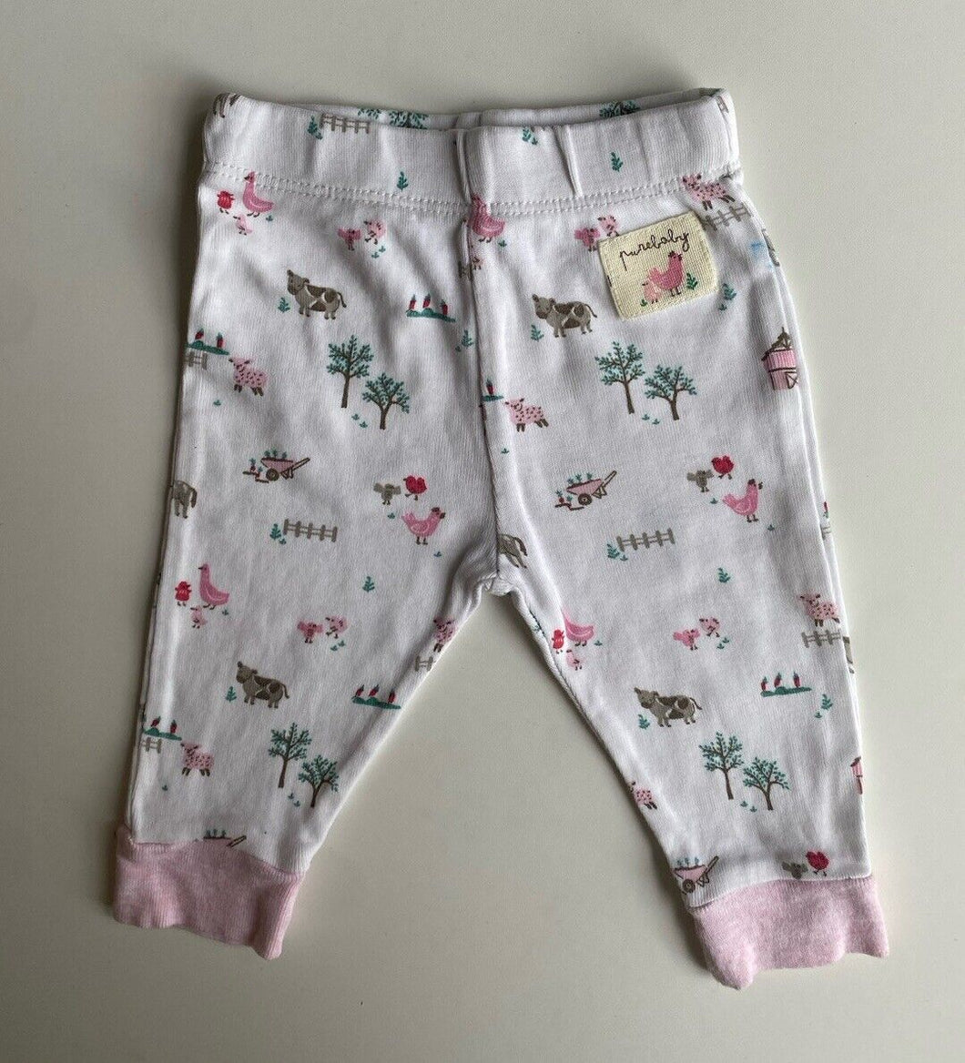 Purebaby baby girl size 0-3 months white pink farm animals leggings pants, VGUC