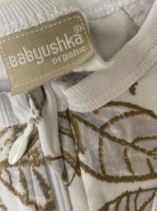 Babyushka baby size 0-3 months white brown grey leaves one-piece, VGUC