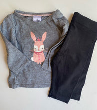 Load image into Gallery viewer, Target baby girl size 0-3 months black leggings grey bunny top set, VGUC
