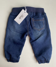 Load image into Gallery viewer, Bebe by Minihaha baby size 6-12 months blue denim pull on drawstring pants, BNWT
