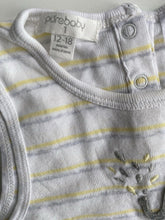 Load image into Gallery viewer, Purebaby baby size 12-18 months grey yellow stripe elephant one-piece, VGUC
