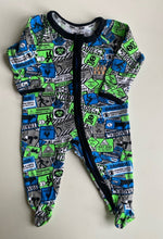 Load image into Gallery viewer, Tradie baby boy size 0-3 months blue green warning stinky one-piece, VGUC
