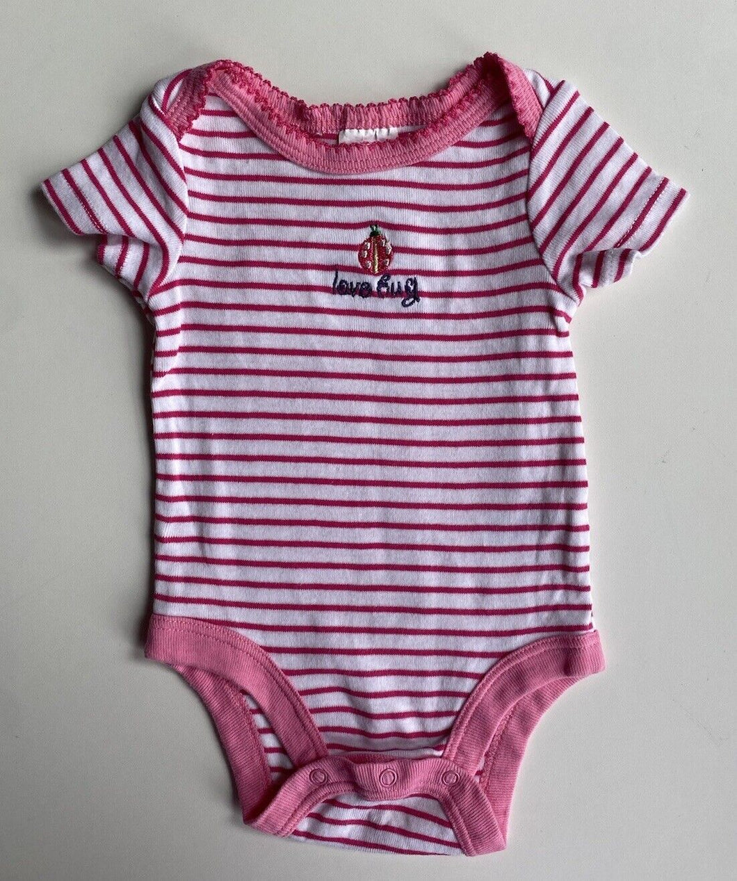 Babies R Us baby girl size 0-3 months pink white stripe bodysuit ladybug, VGUC