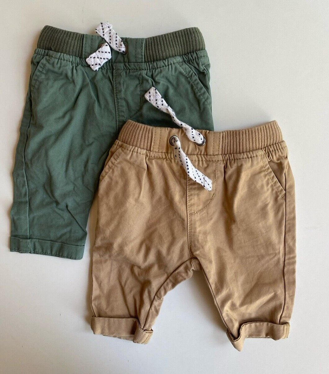 Target baby boy size 0-3 months x2 pairs drawstring pants green brown, VGUC