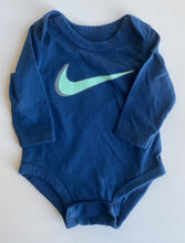 Load image into Gallery viewer, Nike baby size 0-3 months blue long sleeve bodysuit t-shirt logo, VGUC
