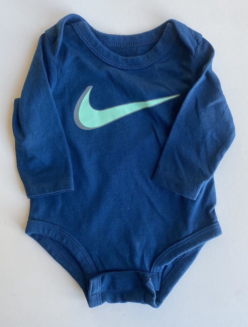 Nike baby size 0-3 months blue long sleeve bodysuit t-shirt logo, VGUC