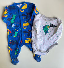 Load image into Gallery viewer, Dymples baby boy size 0-3 months blue dinosaur one-piece top bundle, VGUC
