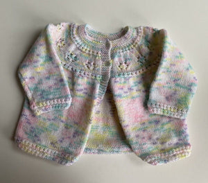 Handmade baby girl size approx. 3-6 months pink speckled knitted cardigan, VGUC