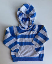 Load image into Gallery viewer, F&amp;F baby size 6-9 months grey blue stripe hooded knit jumper, VGUC
