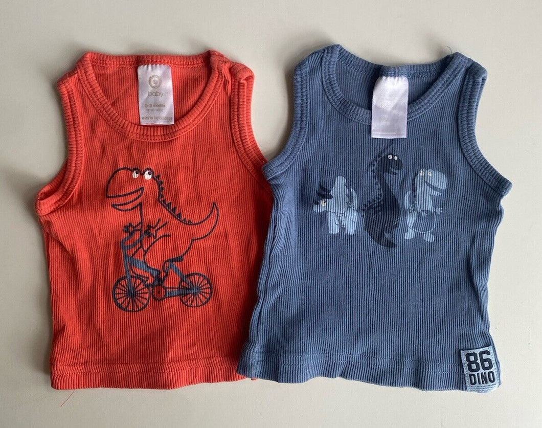 Target baby boy size 0-3 months x2 ribbed tank tops red blue dinosaurs, VGUC