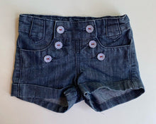 Load image into Gallery viewer, Pumpkin Patch baby girl size 6-12 months dark blue denim shorts buttons, VGUC
