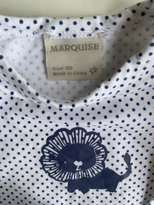 Marquise baby size 3-6 months white blue spotted top lion, VGUC