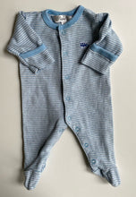 Load image into Gallery viewer, Bebe by Minihaha baby size prem 00000 blue grey stripe one-piece train, VGUC
