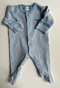 Bebe by Minihaha baby size prem 00000 blue grey stripe one-piece train, VGUC