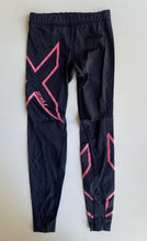 Load image into Gallery viewer, 2XU kids girls size small youth approx. 6-7 black pink activewear leggings VGUC
