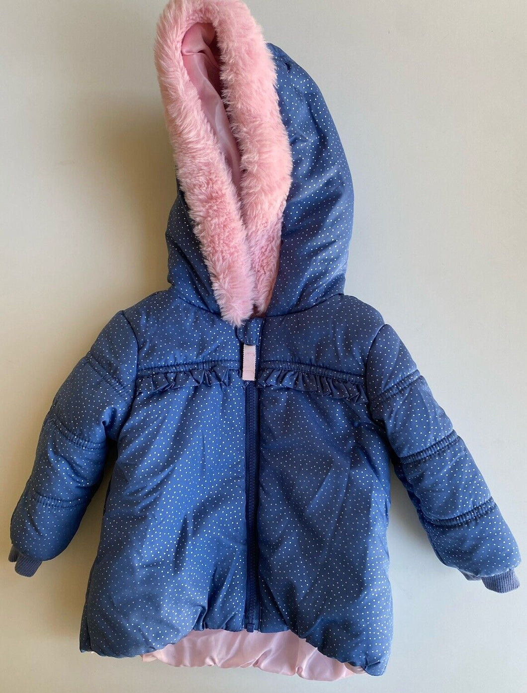 Target baby girl size 6-12 months blue silver spotted hooded jacket zip, VGUC