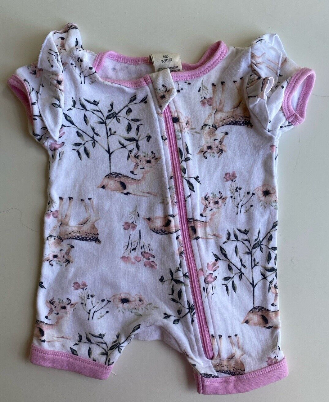 Baby Berry baby girl size 0-3 months pink white deer romper one-piece, VGUC