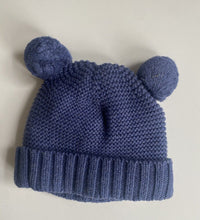 Load image into Gallery viewer, Toshi baby size approx. newborn blue knitted beanie pom poms, VGUC
