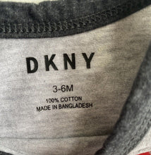 Load image into Gallery viewer, DKNY baby size 3-6 months grey red logo short sleeve bodysuit top, VGUC
