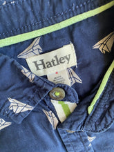 Load image into Gallery viewer, Hatley kids boys size 4 navy blue button up shirt paper planes, VGUC
