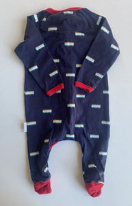 Korango baby size 0-3 months navy blue red one-piece trams zip, VGUC